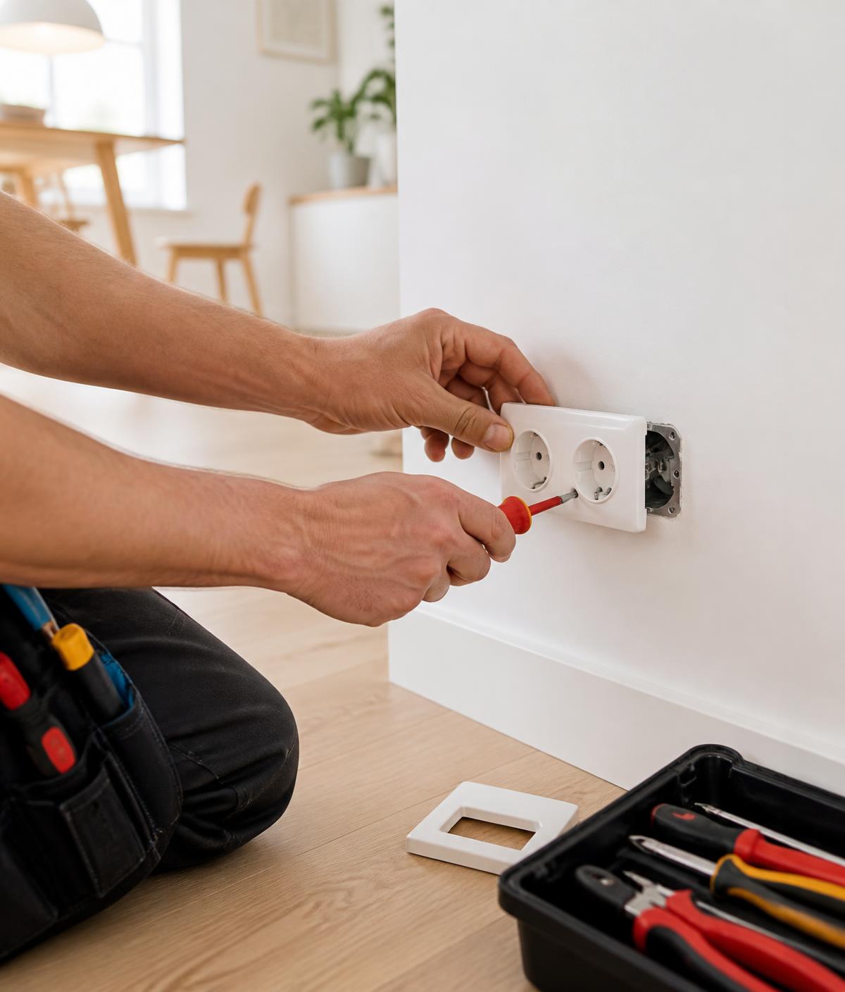 Elektriker som monterar ett eluttag i en bostad